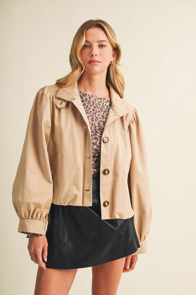 Funnel-Neck Puff-Sleeve Blouson Jacket: DK.BEIGE / S