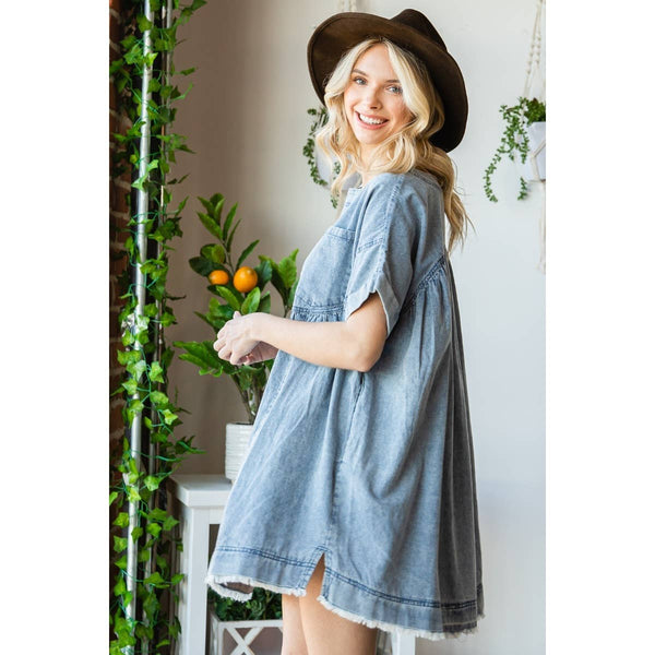 Oversize Pleated Denim Short Dress