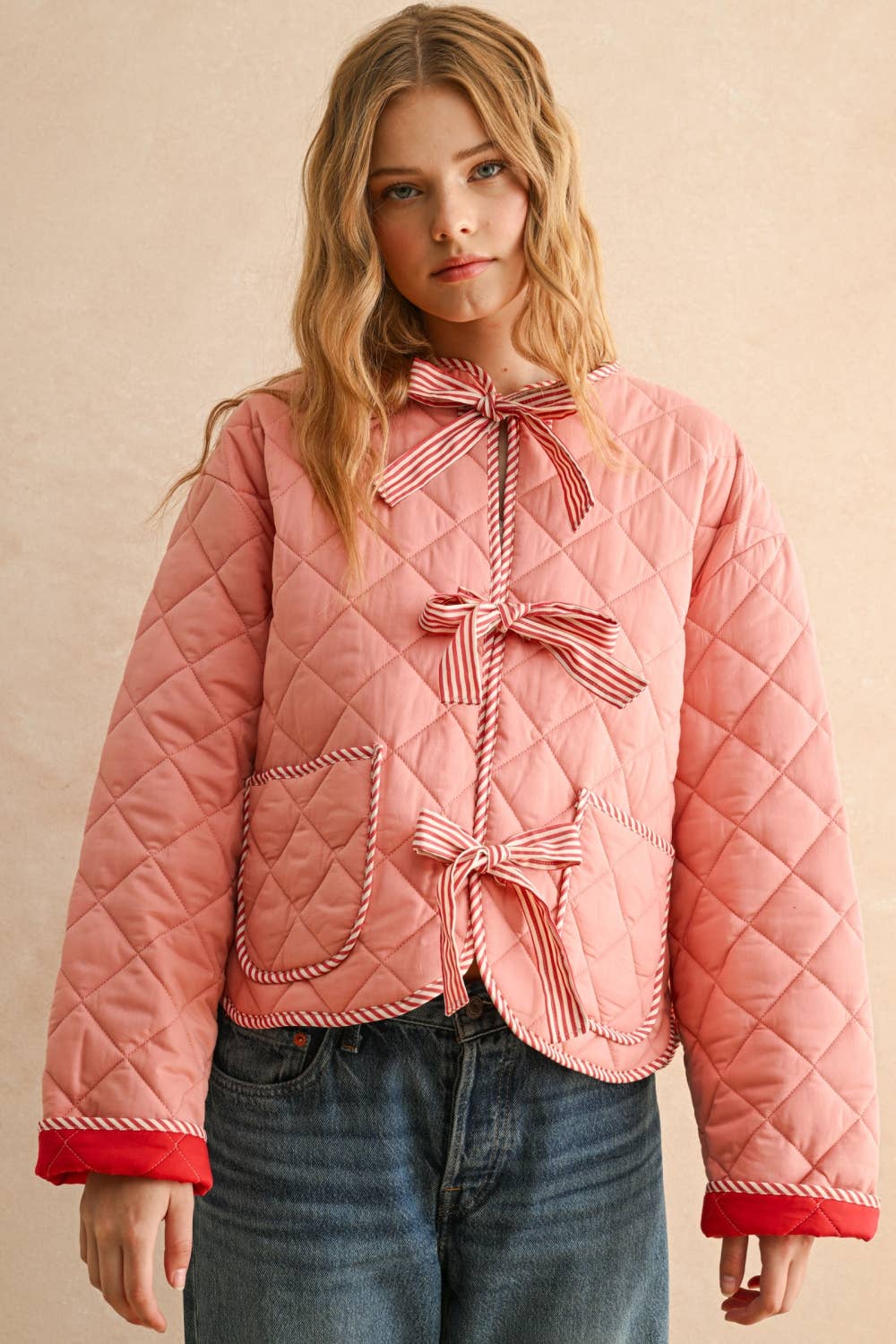 TIE FRONT QUILT JACKET: PINK