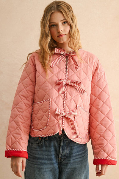 TIE FRONT QUILT JACKET: PINK