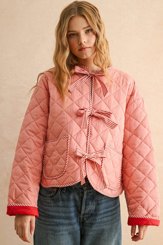 TIE FRONT QUILT JACKET: PINK