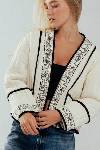 Boho Embroidered Quilted Western Cropped Jacket: BLACK IVORY / S-2/M-2/L-2