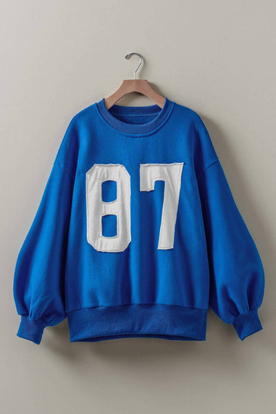 "87" Graphic Balloon Sleeve Oversized Sweatshirt: Blue