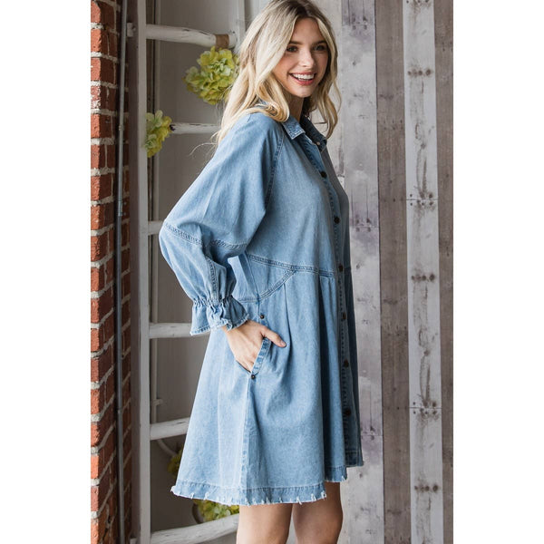 Overfit Button Down Denim Shirt Dress: Black