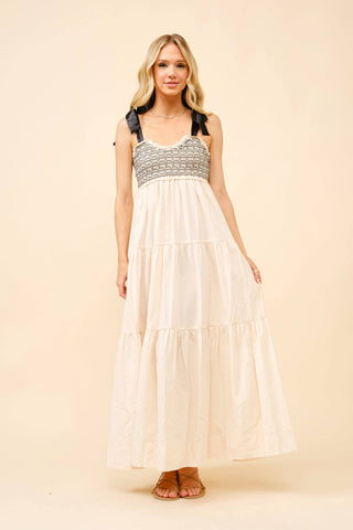 Smocked Ribbon Tie Maxi Dress: ECRU