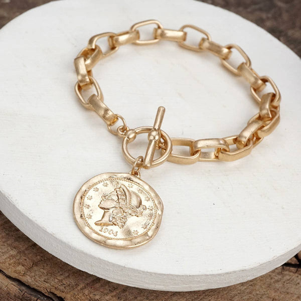 Urban Token – Cable Chain Toggle Bracelet with Coin Charm: Worn Silver Tone