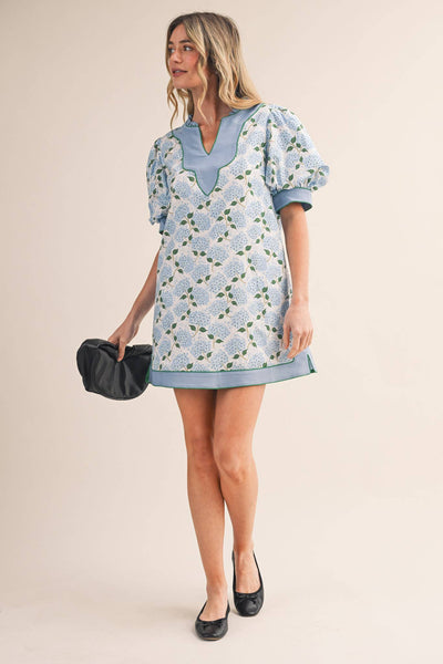 FLORAL PRINT PUFF SLEEVE A-LINE MINI DRESS MDR4855: SAGE GREEN FLORAL / S