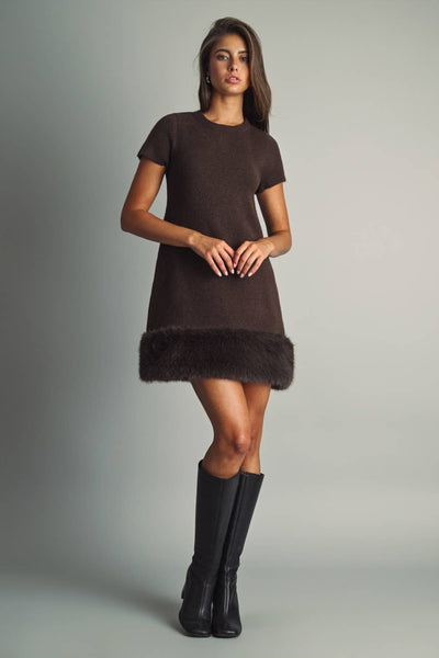 COZY FAUX-FUR TRIMMED  MINI DRESS: BROWN