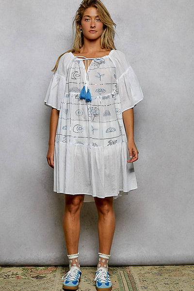 Round Neck 1/2 Sleeve Embroidered Cotton Woven Dress