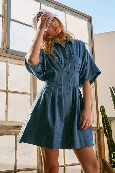 Tailored Waist Short Sleeve Denim Shirtdress: DENIM BLUE / S-M-L:2-2-2