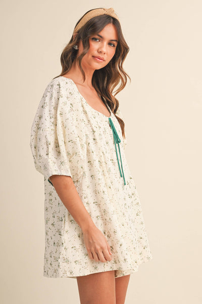 FLORAL SWISS DOT OVERSIZED PUFF SLEEVE ROMPER: CREAM/MINT