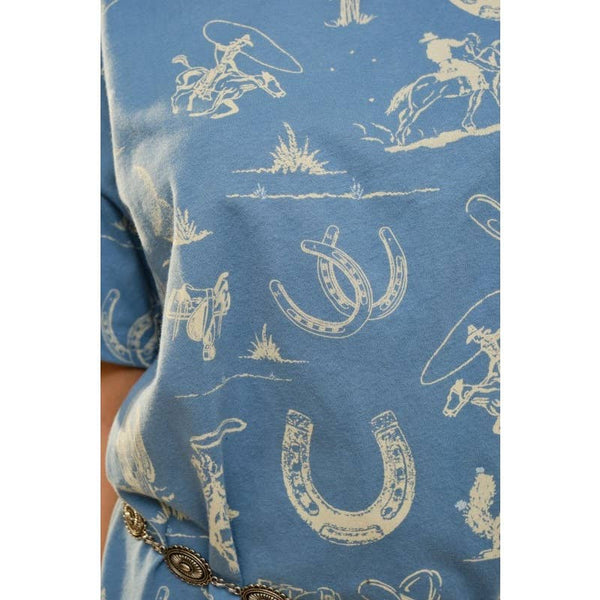 Western Printed Short Sleeve Shirts Dress: MEDIUM BLUE