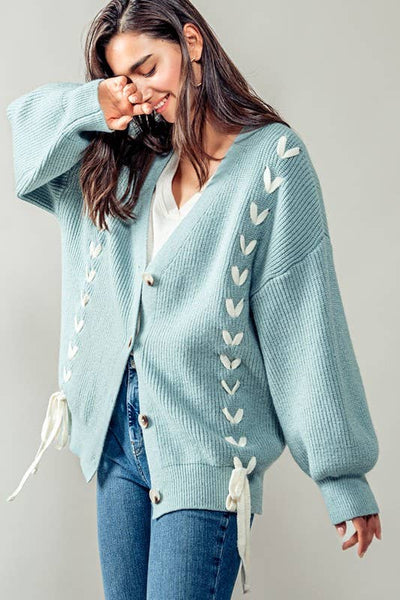 Oversized Heart Pattern Side Lace Up Ribbed Knit Cardigan: BLUE