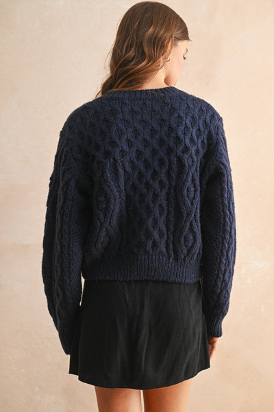 BUTTON FRONT CABLE KNITTED CARDIGAN: NAVY