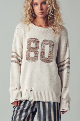 Relaxed Knit Pullover with Varsity Number Detail: Oatmeal