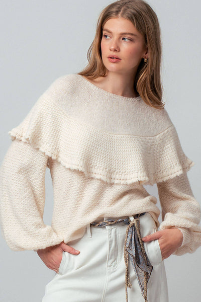 Ruffle Yoke Blouson Sleeve Knit Sweater: NATURAL