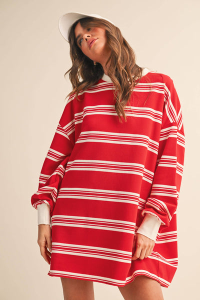 STRIPED LOVE SLEEVE OVERSIZED SWEATSHIRT DRESS: Red