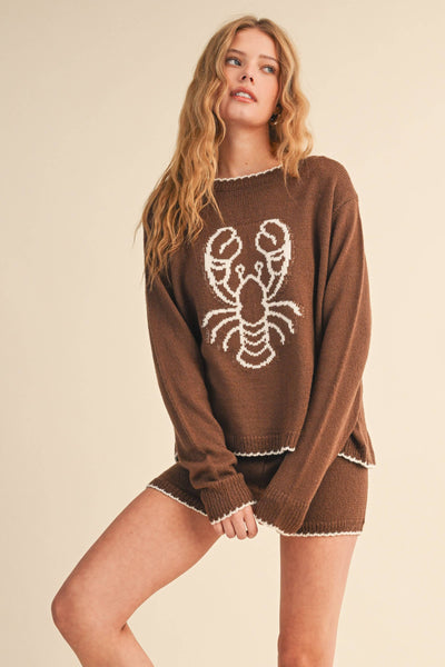 LOBSTER PRINTED KNIT TOP AND SHORTS SET: BROWN/CREAM