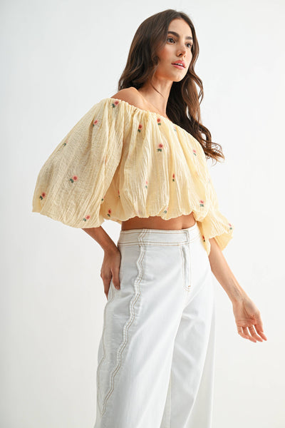 CJT27076 Off-Shoulder Floral Embroidered Blouse: LT.YELLOW / S-M-L (3-2-1)