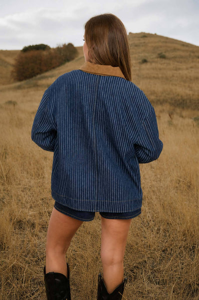 STRIPE CORDUROY COLLAR DENIM SHACKET: INDIGO