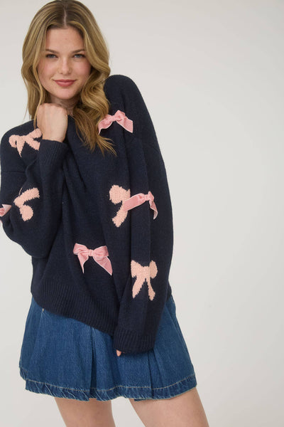 BOW PATTERN LONG SLEEVE KNIT SWEATER: NAVY