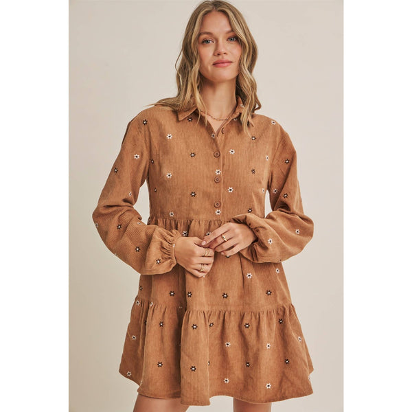 MEADOW MARKET ARTISAN DAISY EMBROIDERED CORDUROY MINI DRESS: OLIVE