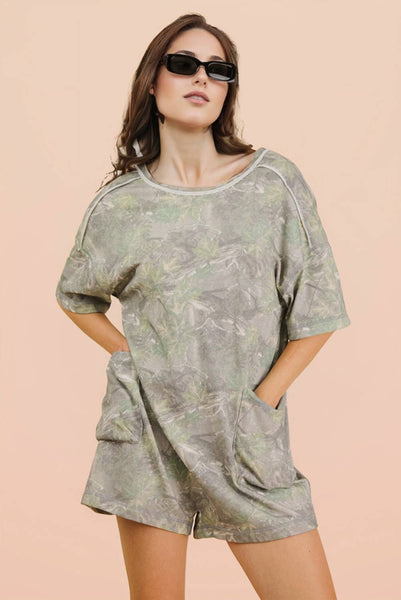 Camo Print Knit Casual Romper: OLIVE MIX