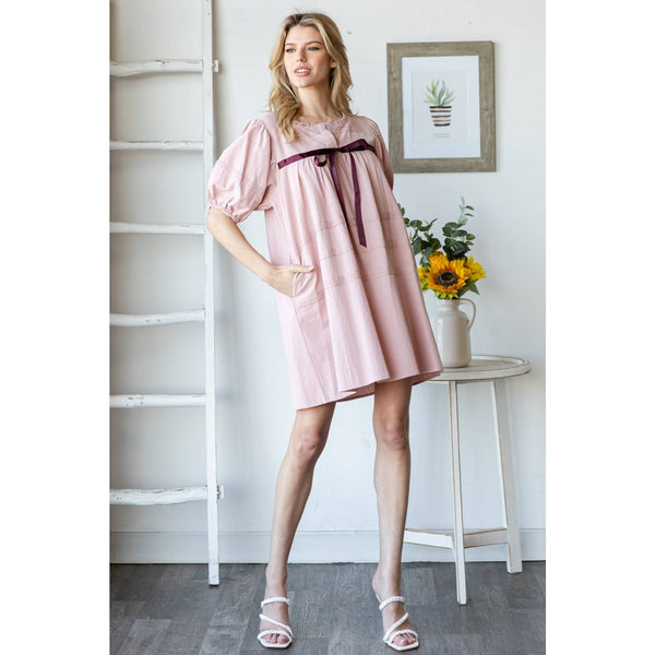 SHORT SLEEVE RIBBON DETAIL SQUARE NECK DRESS: Mauve