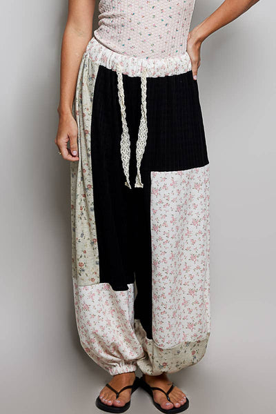 Boho Elastic Waistband Patchwork Balloon Wide Leg Pants :BLACK MULTI
