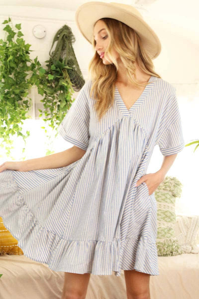 V-Neck Striped 100% Cotton Tiered Woven Dress VD81038: Taupe / M