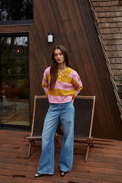 Knit Sweater Cotton Acrylic Collar Neck Top: Mustard Pink