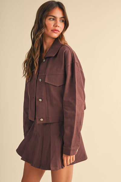 CROPPED TWILL JACKET WITH PLEATED FRONT SKORT SET: RED BEAN
