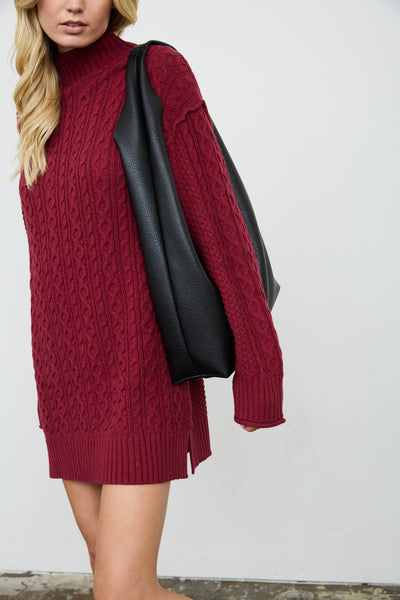 CABLE KNIT MOCK NECK MINI SWEATER DRESS: CHOCOLATE BROWN