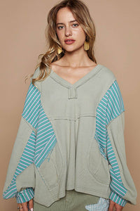 Oversized V Neck Bubble Sleeve knit Top SALE: OLIVE MULTI / M