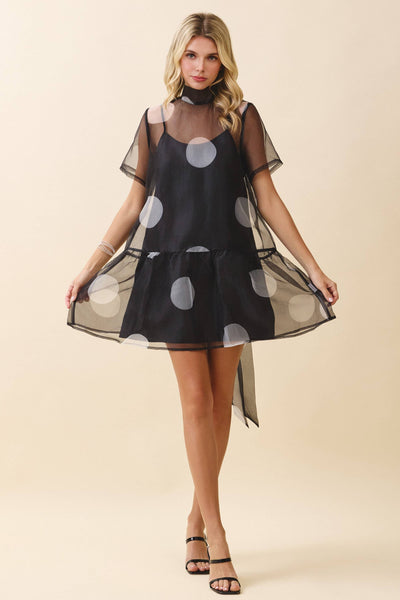 Sheer Polka Dot High Neckline Self Bow Tie Dress: Black