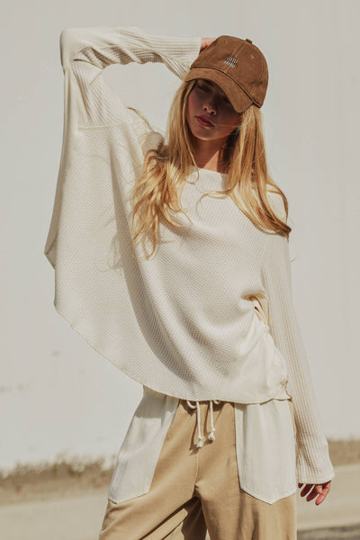 Oversized Waffle Knit High-Low Tunic Top: IVORY / S-M-L:2-2-2
