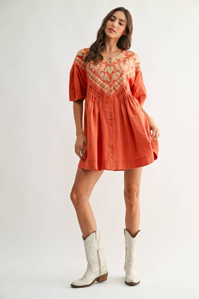 CJD26988 Embroidered Linen Tunic Dress: BURNT ORANGE / S-M-L (3-2-1)