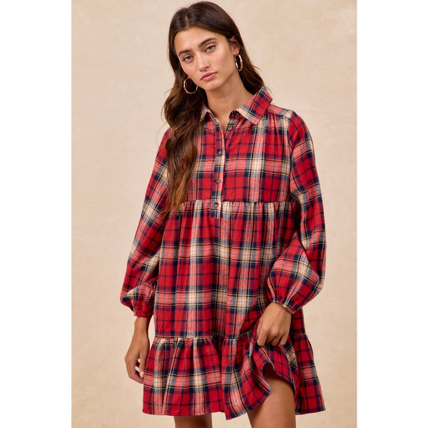 PLAID WOVEN SHRRING BUTTONED TIERED SHIRT DRESS: CAMEL MULTI / M