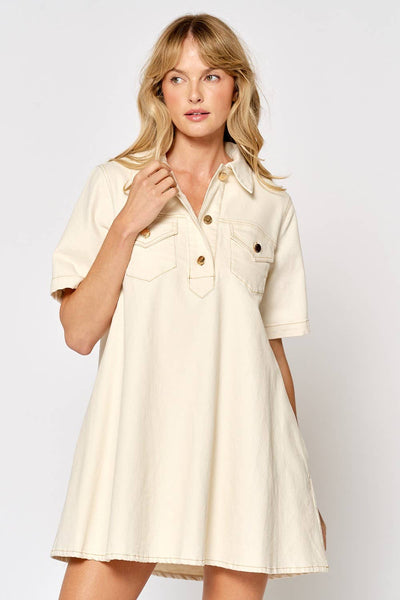 ILD4879 SHORT SLEEVE BUTTON DOWN SHIRT DRESS: CREAM / MEDIUM