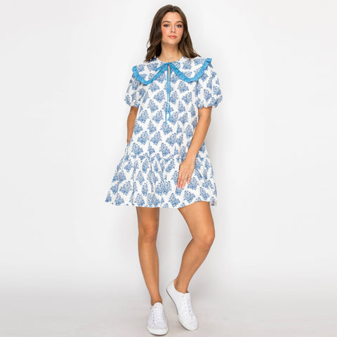 Love Wednesday Ajrak Print Cotton Mini Dress With Collar