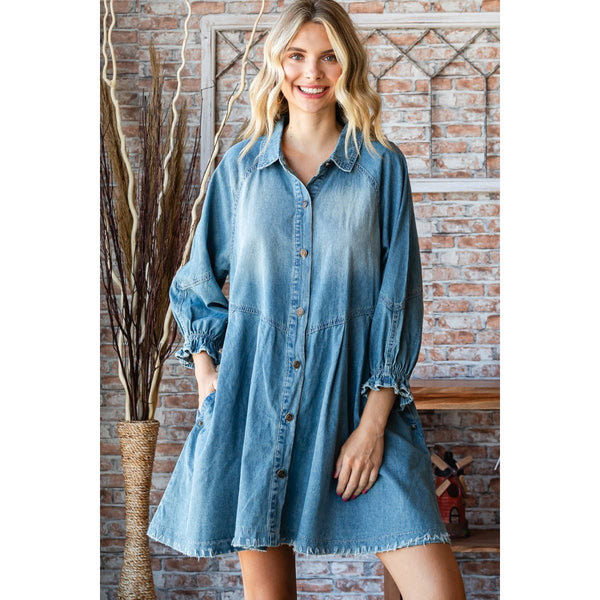 Overfit Button Down Denim Shirt Dress: Black