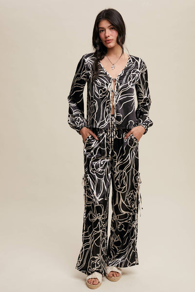 Bold Floral Print Satin Shirt Set