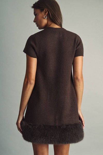 COZY FAUX-FUR TRIMMED  MINI DRESS: BROWN