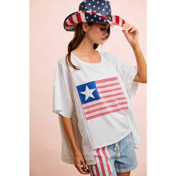 4TH OF JULY AMERICAN FLAG PATCHWORK SHORT TOP: OFF WHITE