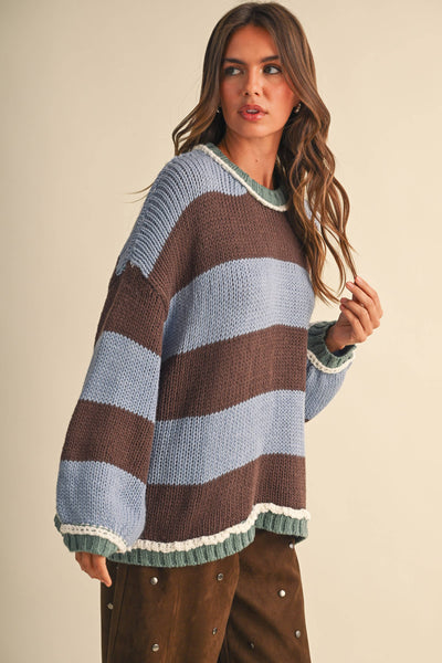 WIDE STRIPED SWEATER TOP: BEIGE MULTI