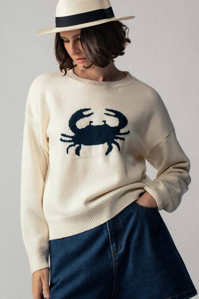 Crab Graphic Relaxed Knit Sweater: Ivory