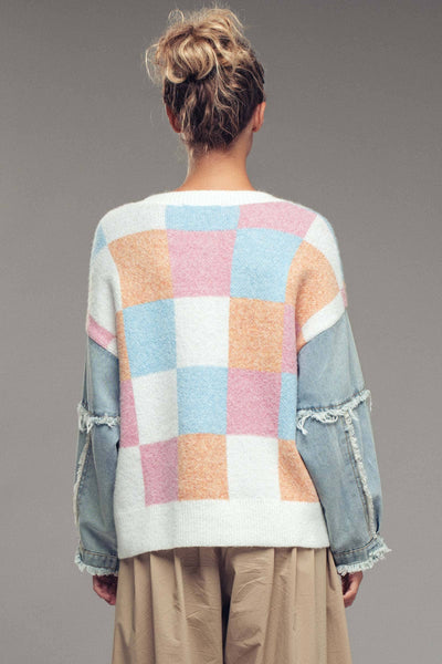 Checkered Knit with Denim Sleeves Crewneck Sweater: PINK COMBO