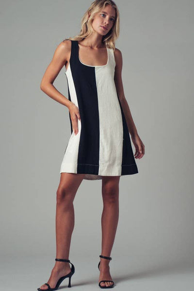 Colorblock A-Line Scoop Neck Mini Dress: BLACK