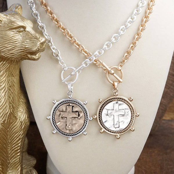 Divine Duo – Two-Tone Cross Coin Stud Earrings: Silver Frame-Gold Coin