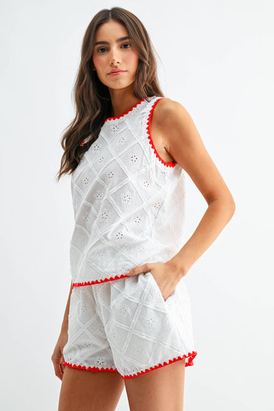 Eyelet Embroidered Shorts Set: WHITE/RED